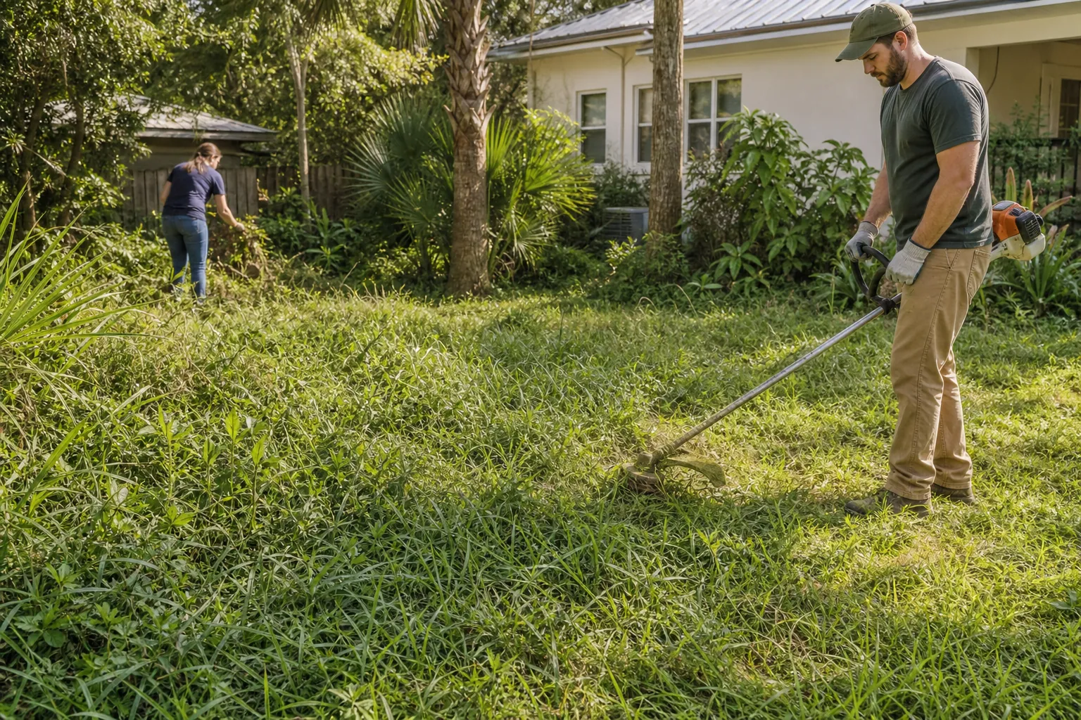 Clearing an overgrown yard with a string trimmer A man uses a string trimmer on an overgrown lawn while a woman clears vegetation near a house.