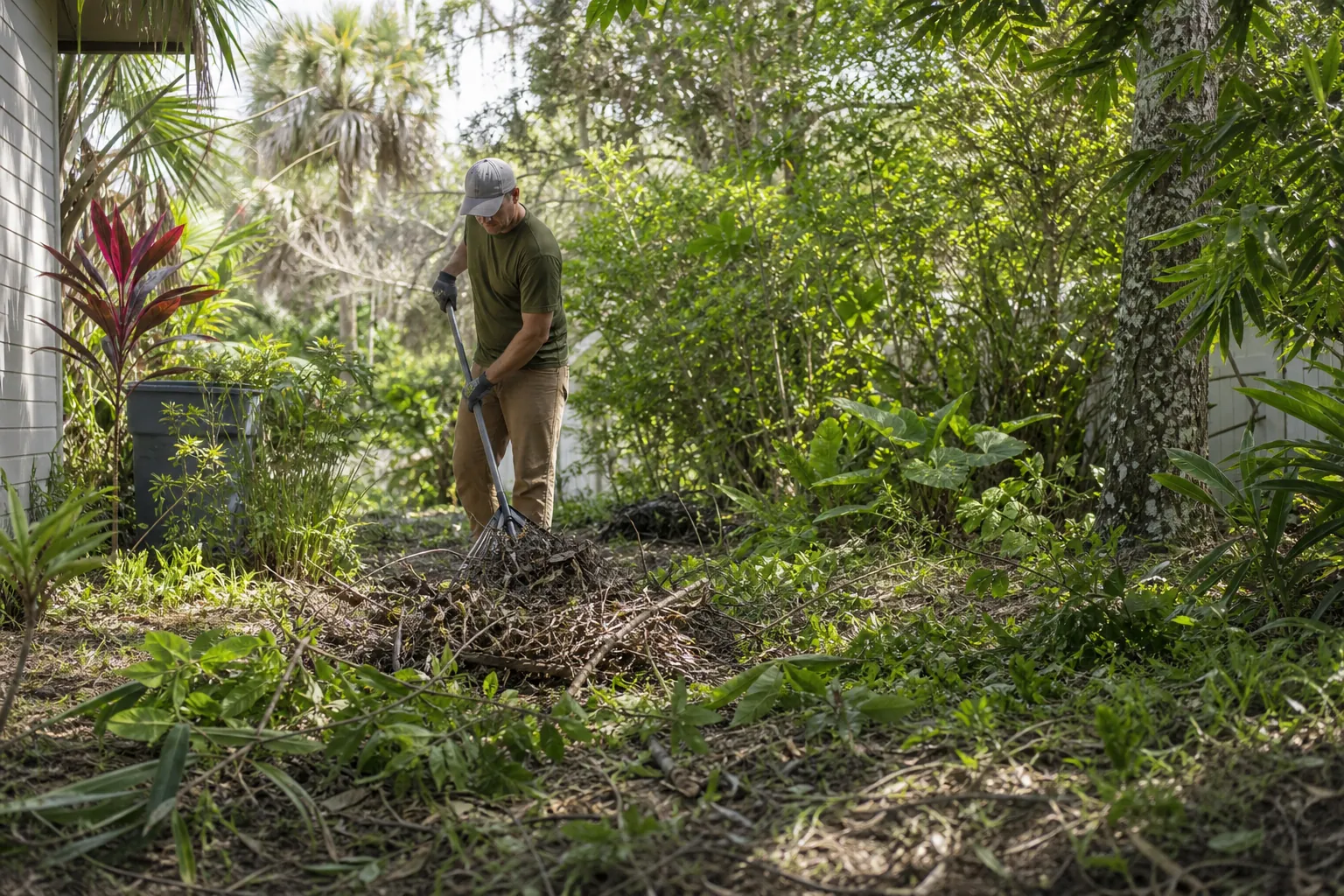 Raking Debris During an Overgrown Yard Cleanup A man uses a rake to gather cut branches and weeds while clearing a densely overgrown yard beside a house.