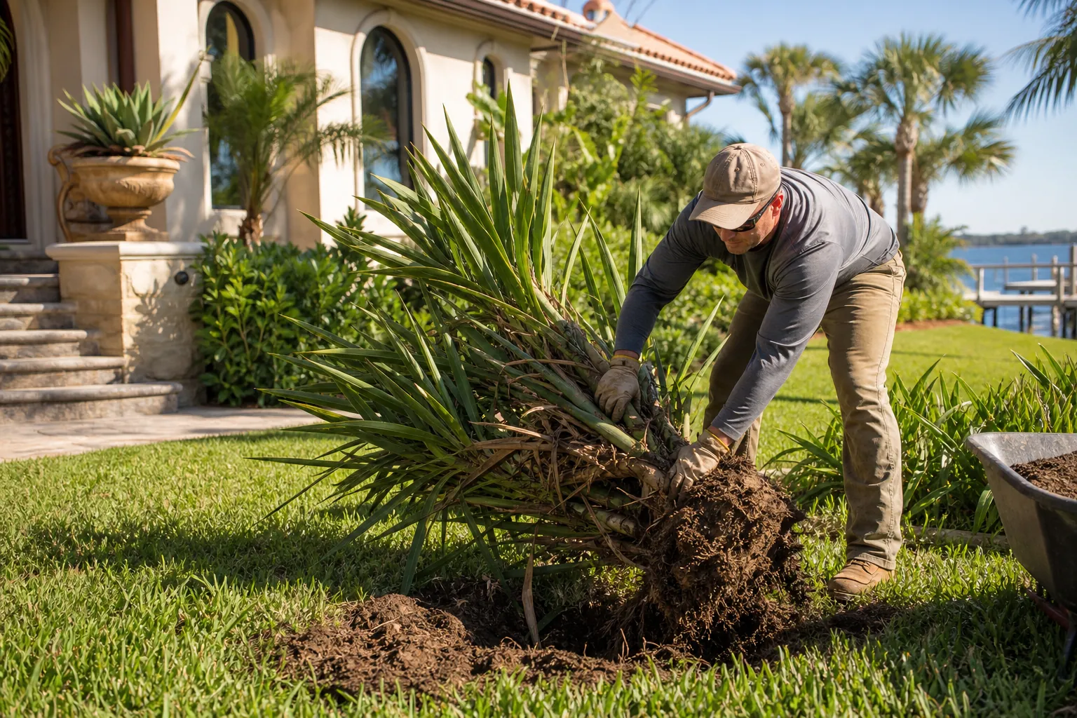 Professional Plant Removal From a St. Augustine Lawn Landscaper uprooting a large spiky plant from a St. Augustine lawn beside a waterfront home.