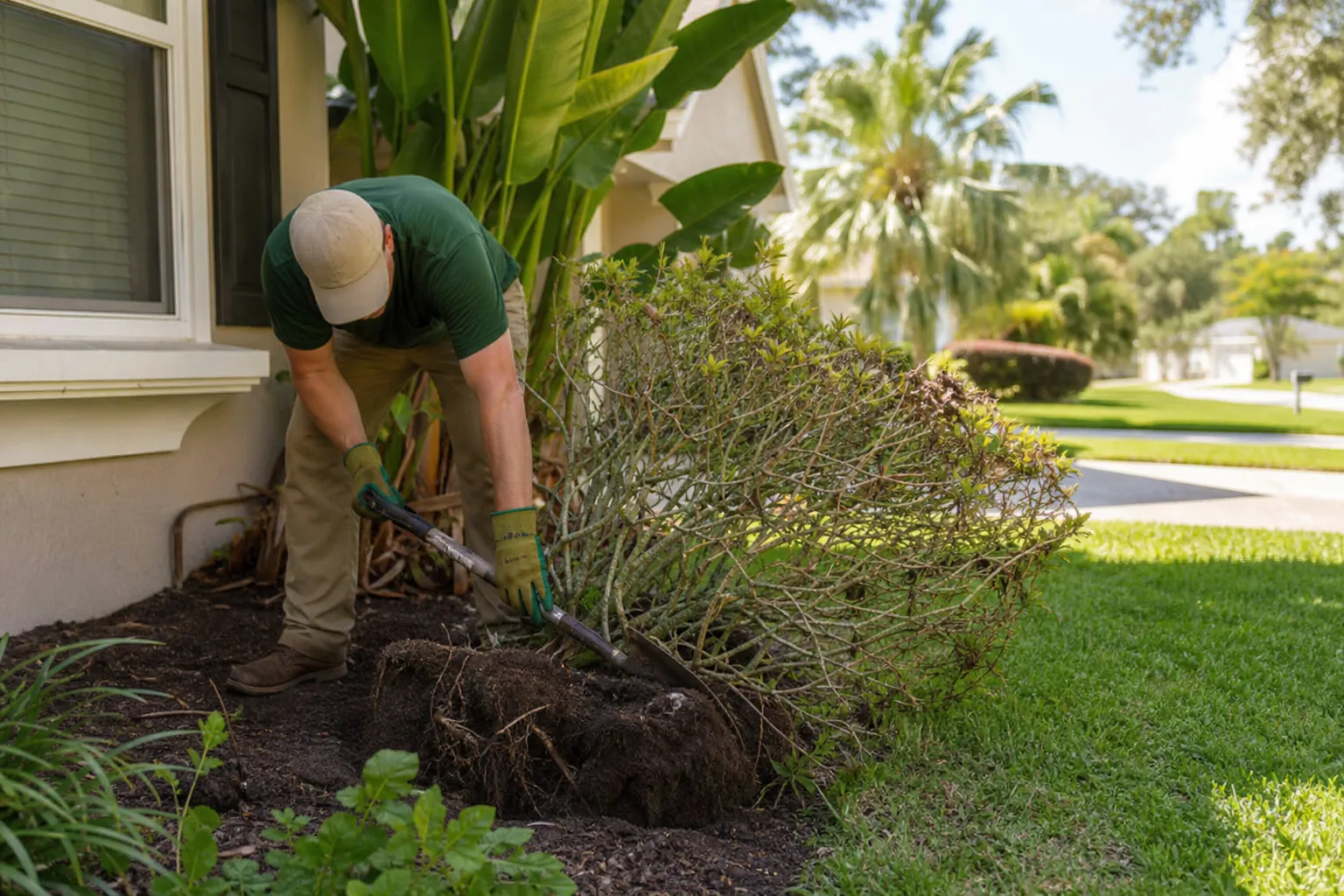 Professional Shrub Removal Beside a St. Augustine Lawn Landscaper uses a shovel to uproot a large shrub beside a house and a green St. Augustine lawn.