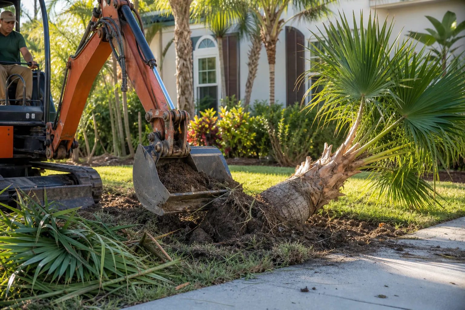 Planned Palm Removal From a St. Augustine Landscape Excavator uprooting a palm beside a St. Augustine lawn while an operator works near a Florida home