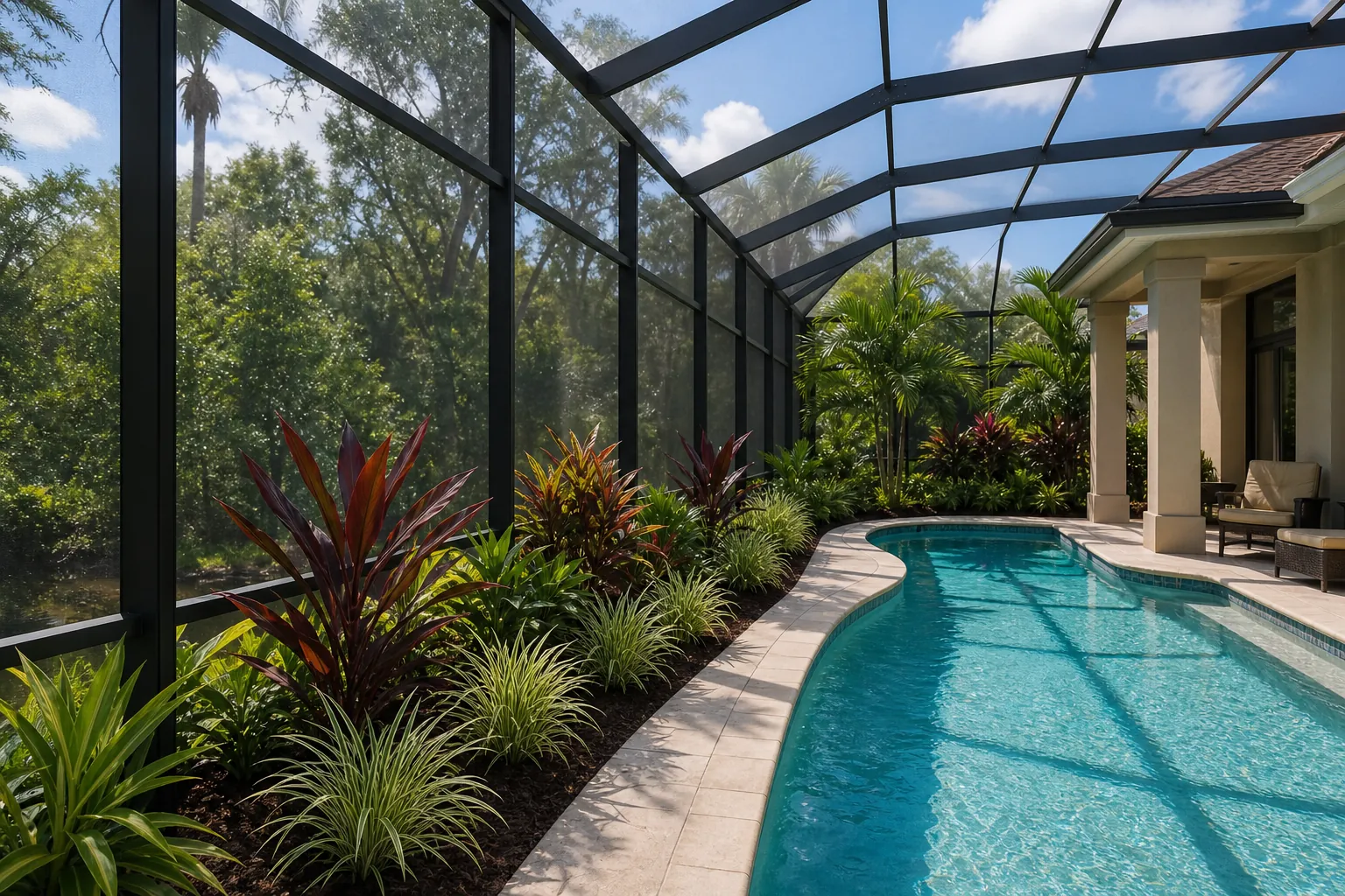 Narrow Tropical Garden Bed Inside a Screened Pool Cage Tropical foliage and ornamental grasses fill a narrow garden bed beside a pool inside a screened cage.