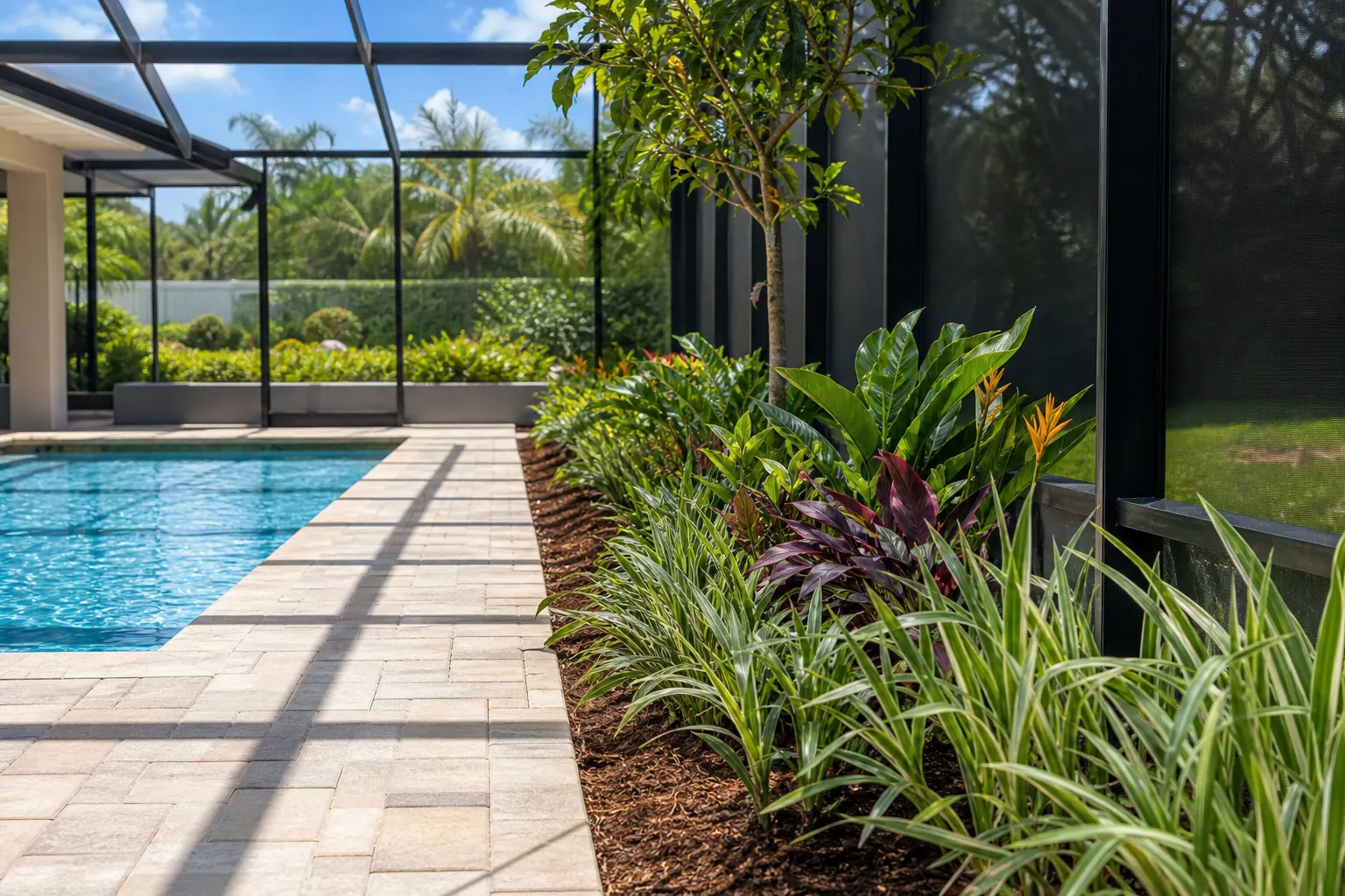 Narrow Tropical Bed Along a Screened Pool Walkway Narrow tropical planting bed beside a paved walkway and swimming pool inside a sunny screened pool cage.