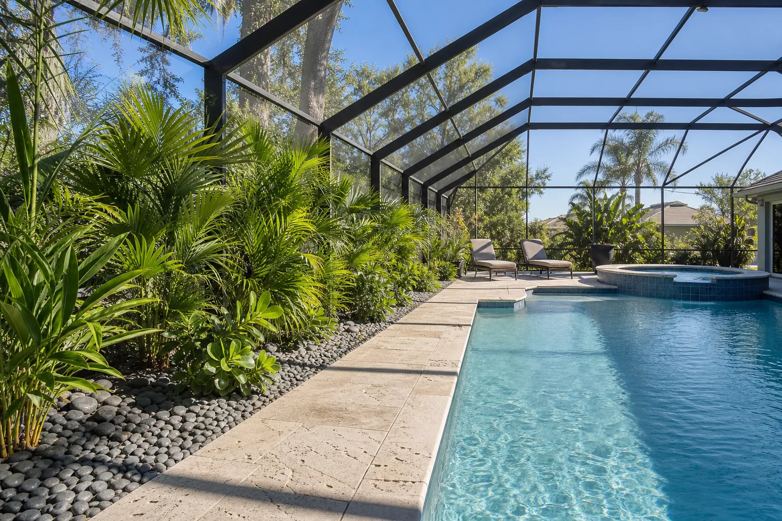 Tropical Plants Along a Screened Pool Cage Screened pool cage with a swimming pool, spa, lounge chairs, and dense tropical plants along a rock-covered bed.