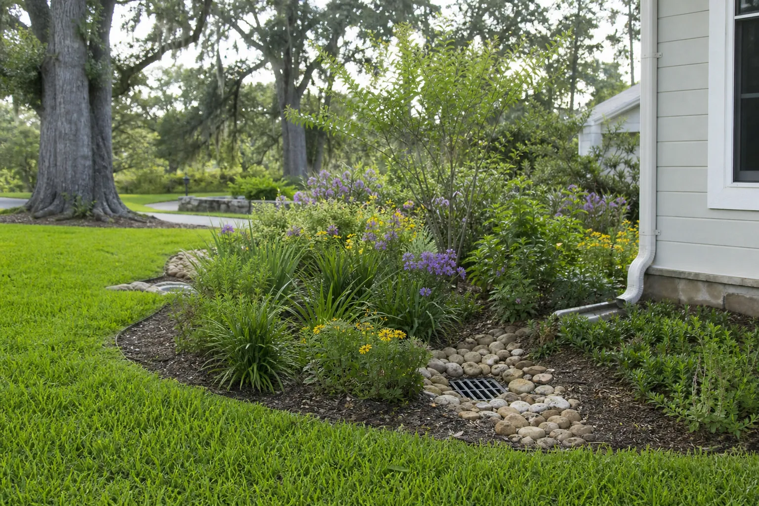 Rain garden and downspout beside a Florida home Landscaped rain garden with flowering plants, a stone-lined drain, and a downspout beside a Florida home.