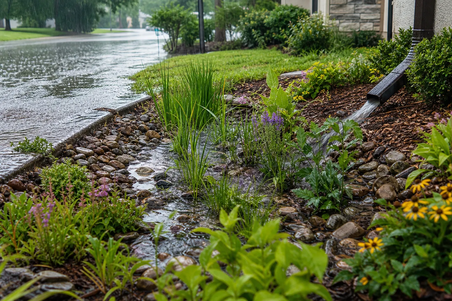 Rain Garden Collecting Downspout and Street Runoff Rain garden with native plants and a rock-lined channel collecting runoff from a downspout beside a flooded street.