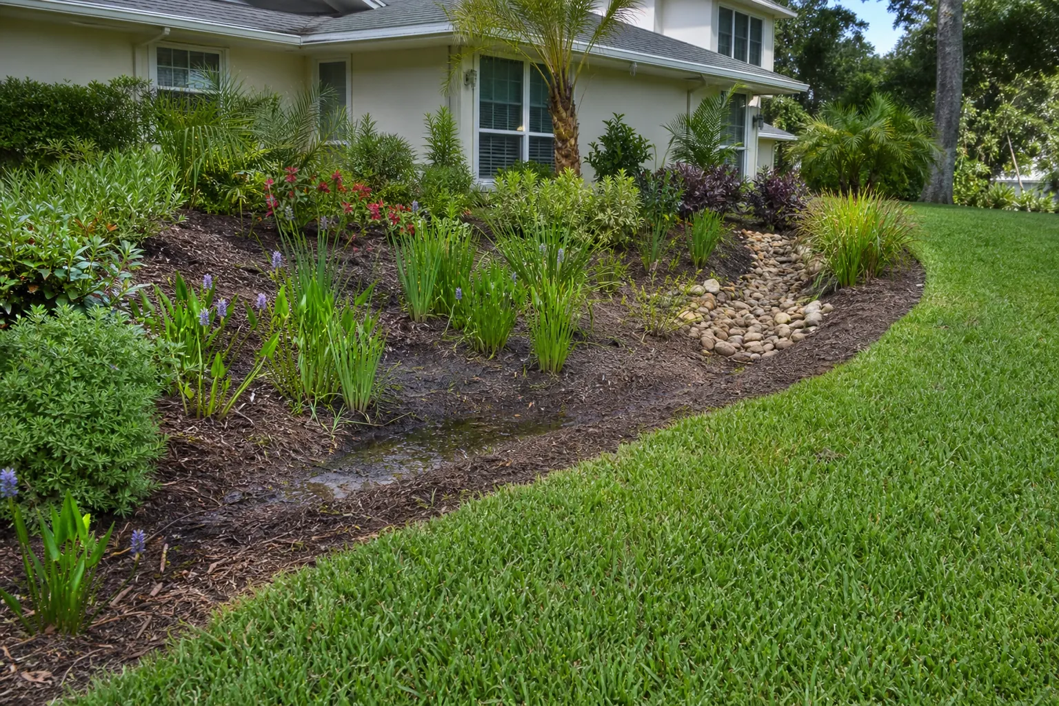 Residential Rain Garden and Stone Drainage Channel Landscaped rain garden with native plants, a stone drainage channel, and wet soil beside a Florida home.