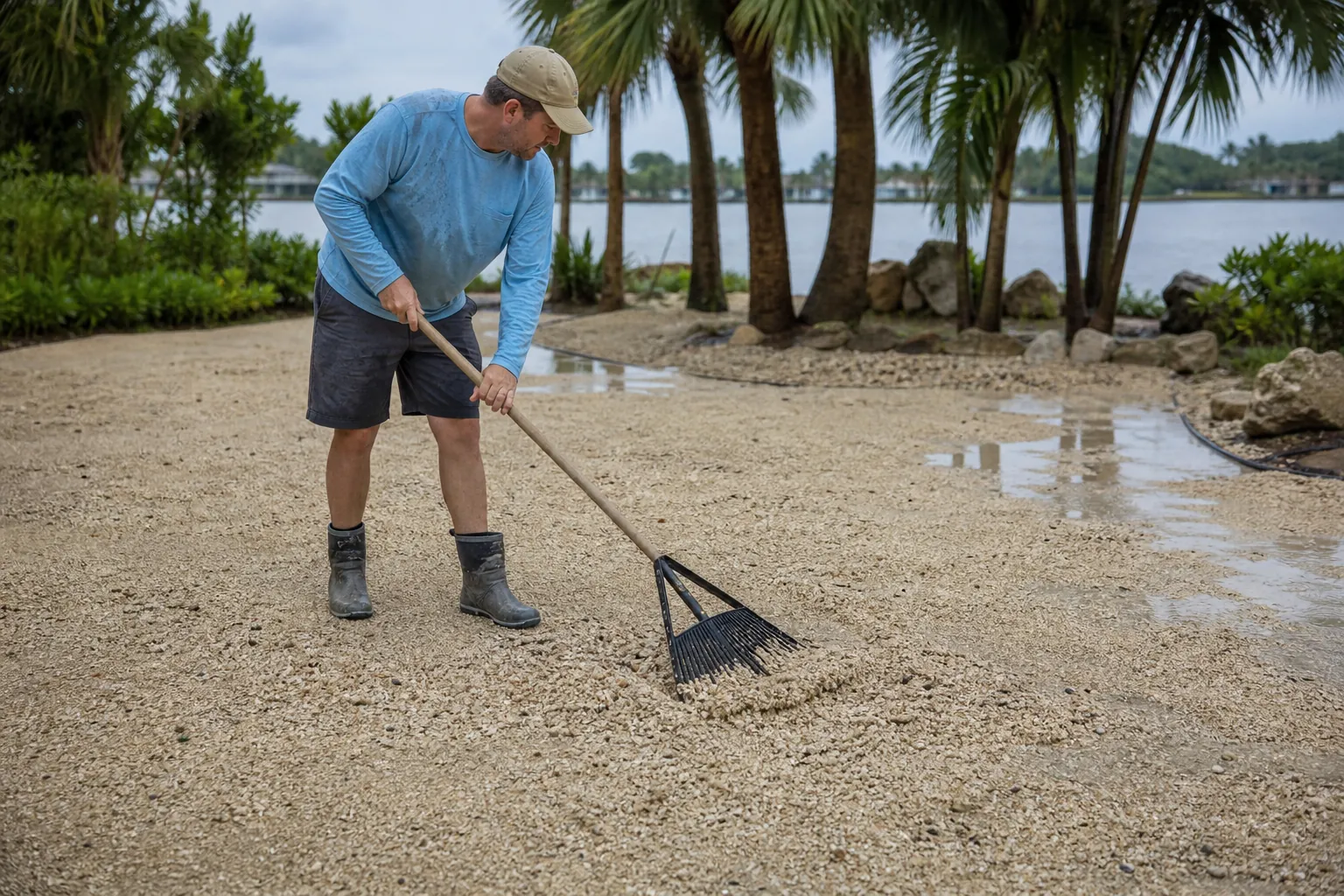 Raking a Wet Shell Yard Beside the Water A man in rubber boots rakes a wet shell-covered yard beside puddles, with palm trees and waterfront scenery behind him.