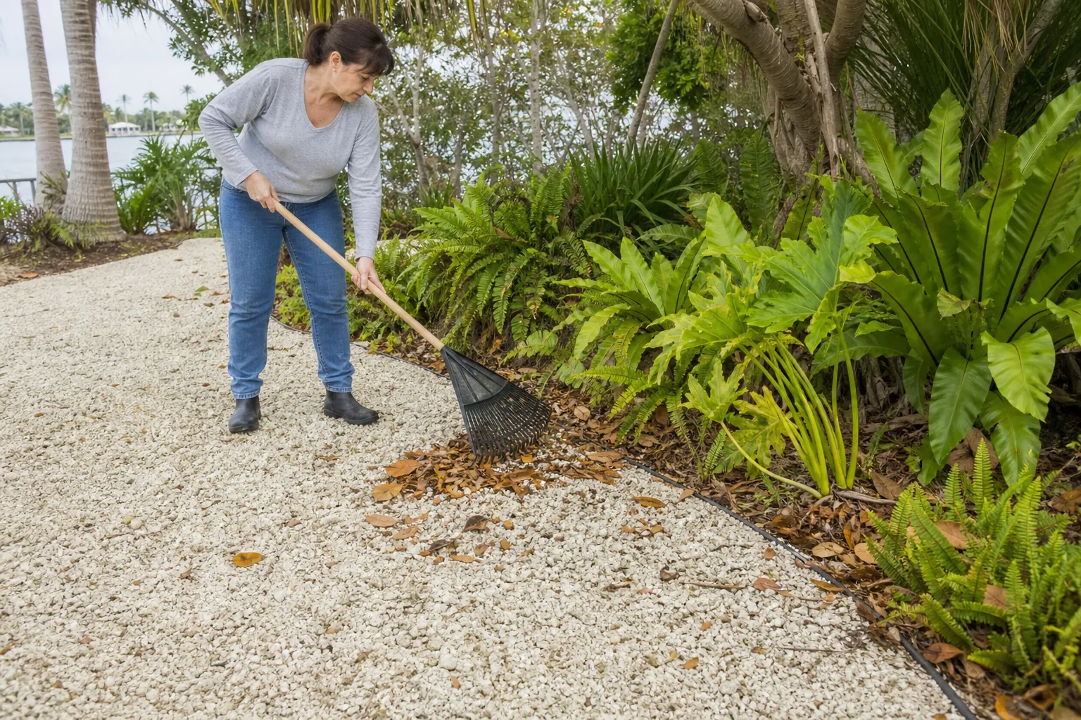 Raking Leaves From a Shell Path Beside a Garden Bed A woman rakes fallen brown leaves from a pale shell-covered path beside a lush garden bed of ferns and palms.