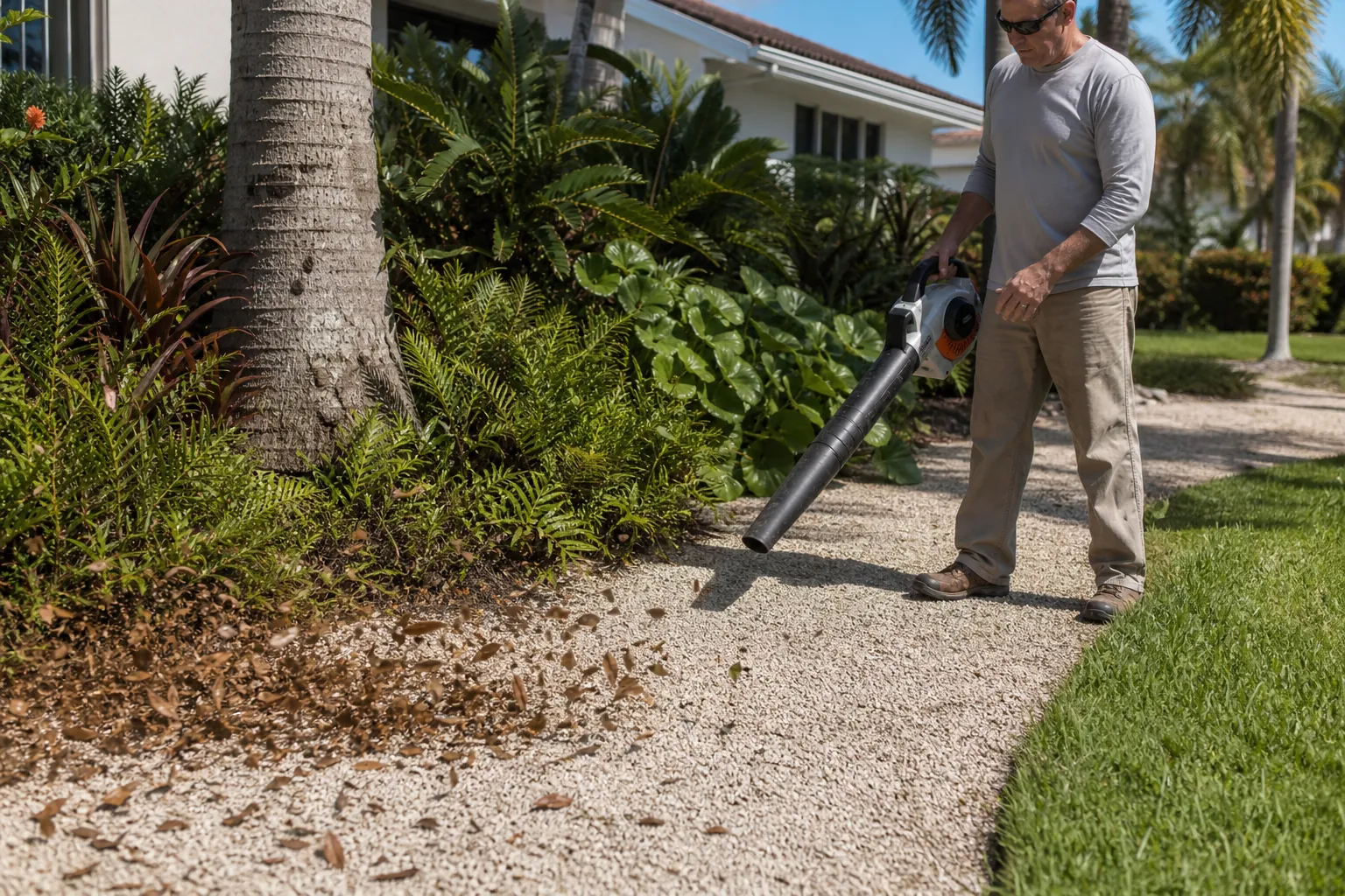 Blowing Leaves Off a Shell Bed Beside Tropical Plants A man directs a handheld leaf blower toward scattered brown leaves on a pale shell-covered bed beside tropical plants and grass.