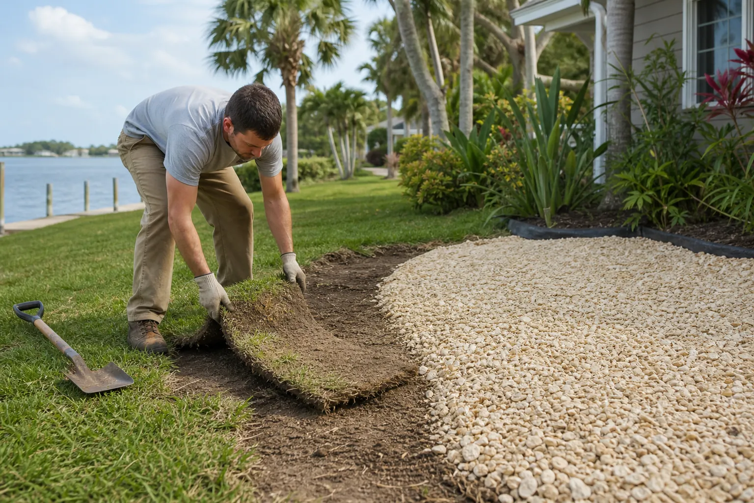 Removing Sod Beside a Shell-Covered Waterfront Yard A man lifts a strip of sod beside a pale shell-covered area in a palm-lined waterfront yard, with a shovel nearby.