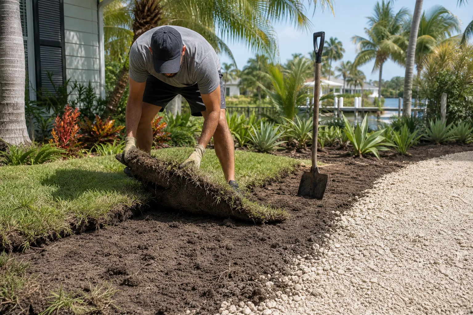 Lifting Sod Beside a Shell-Covered Path A man wearing gloves lifts a strip of sod beside a pale shell-covered path, with a shovel and palm trees nearby.