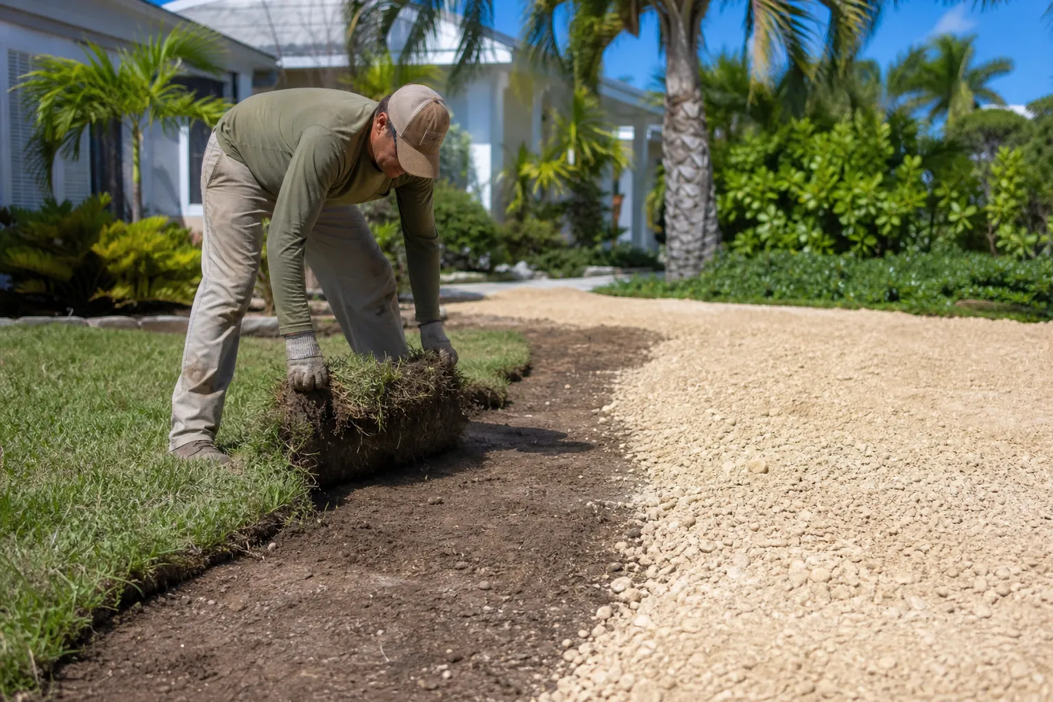 Removing Sod Beside a Shell-Covered Yard Path A gloved man lifts a thick section of sod beside exposed soil and a pale shell-covered path in a palm-lined yard.