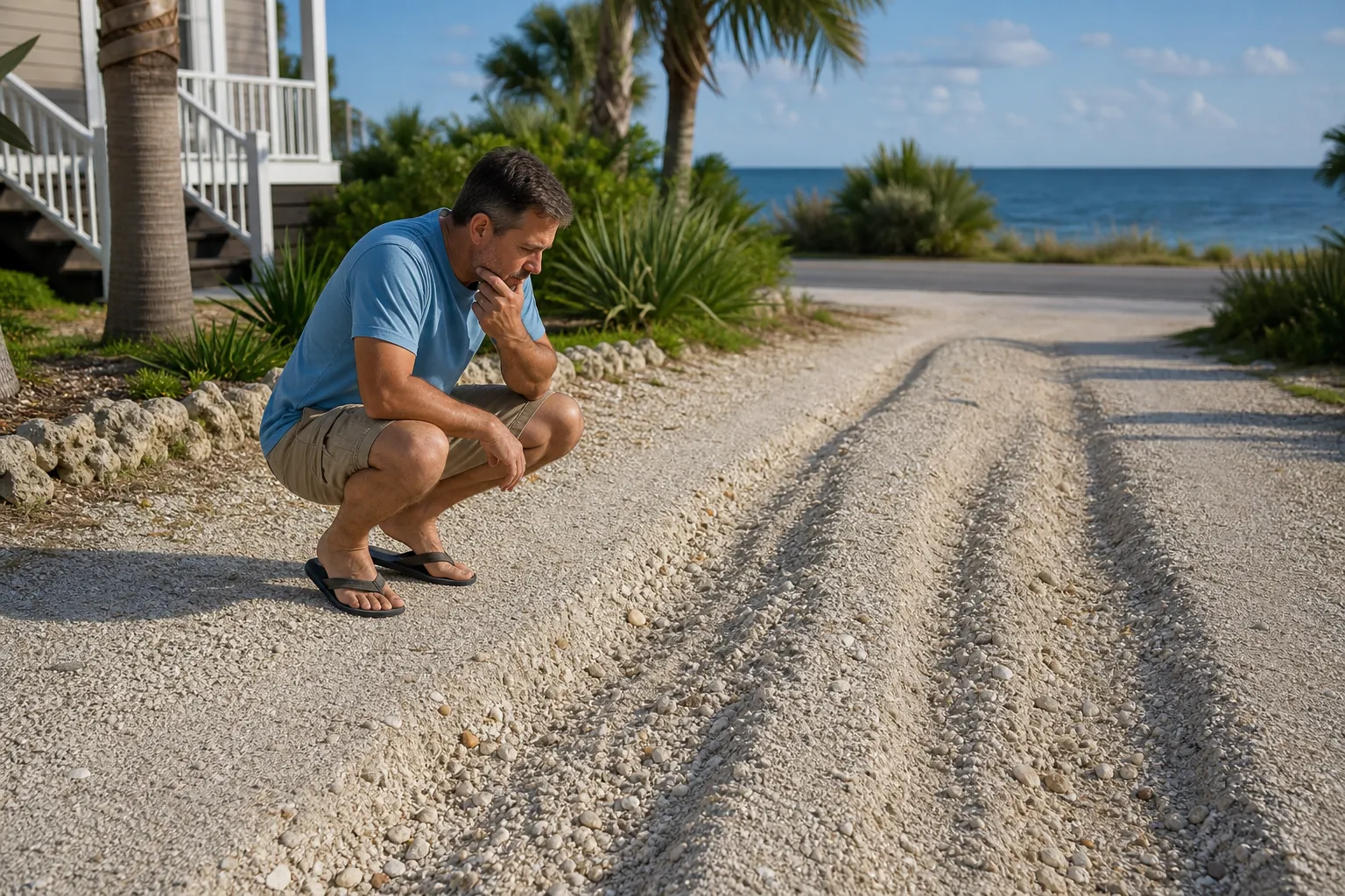 Assessing Tire Ruts in a Coastal Shell Driveway A man crouches beside deep tire ruts in a pale shell driveway, studying the damage near a coastal house and palm trees.