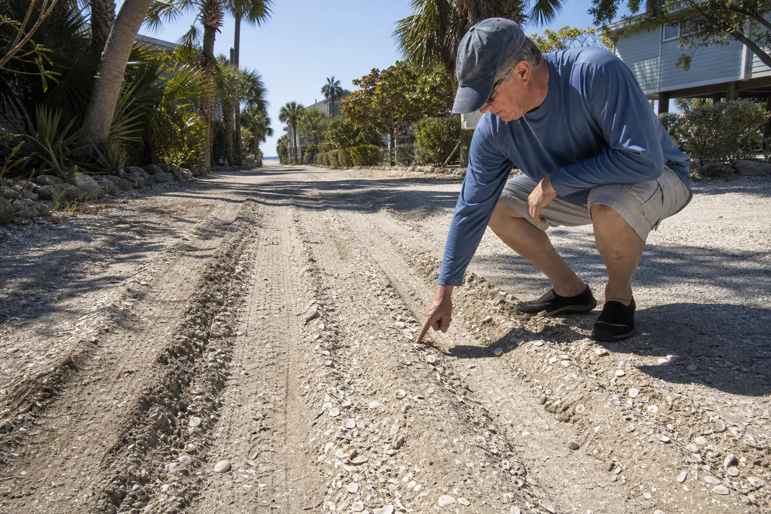 Inspecting Tire Ruts in a Coquina Shell Road A man crouches and points at deep tire ruts in a coquina shell road lined with palms and houses.