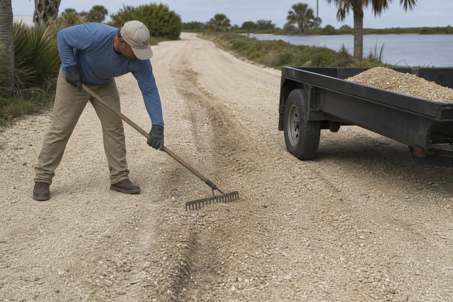 Raking Tire Ruts in a Shell-Covered Road A man rakes a tire rut in a shell-covered road beside a black trailer loaded with loose shell material, with palms and water nearby.
