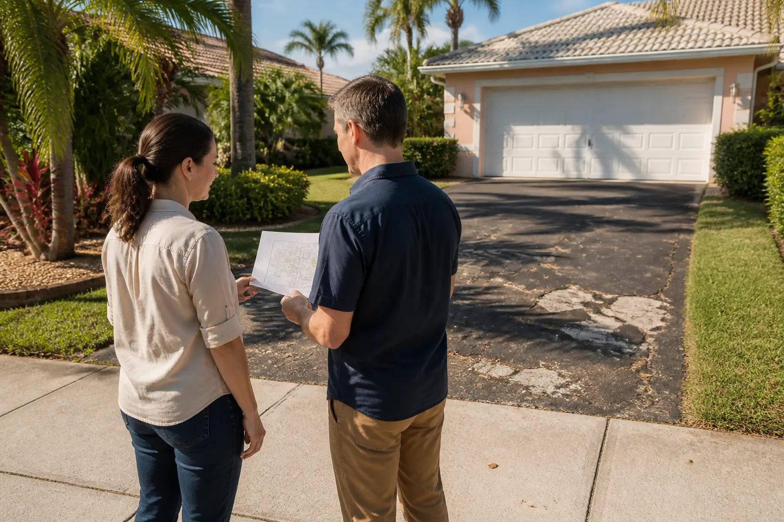 Reviewing Plans Beside a Cracked Asphalt Driveway Two adults examine a paper plan beside a cracked asphalt driveway leading to a suburban home's white garage.