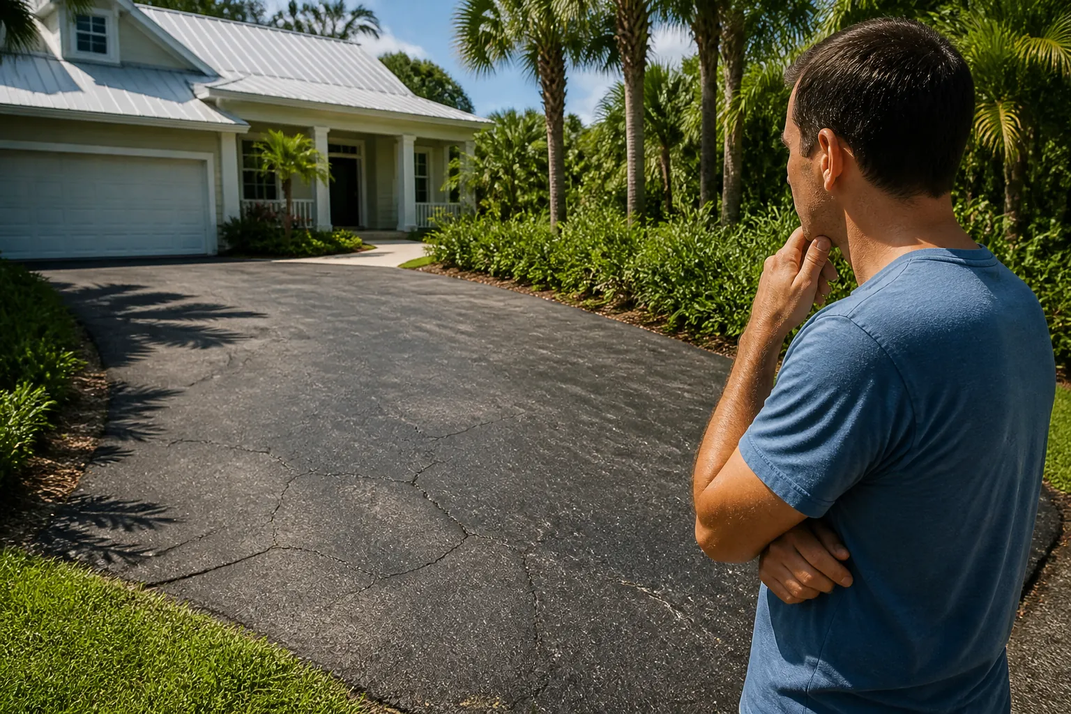 Man Considering a Cracked Asphalt Driveway A man in a blue shirt rests his hand on his chin while looking at a cracked asphalt driveway outside a palm-lined house.