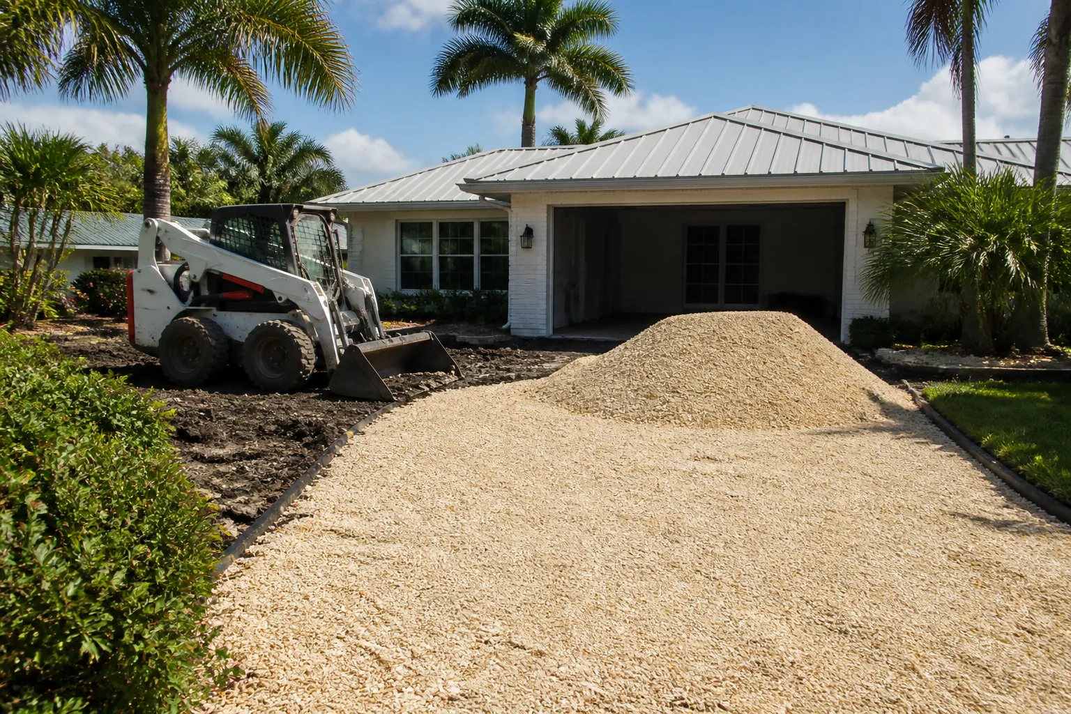 Shell Driveway Installation Beside a Palm-Lined House A skid-steer loader stands beside a shell-covered driveway and a mound of loose shells in front of a palm-lined house.