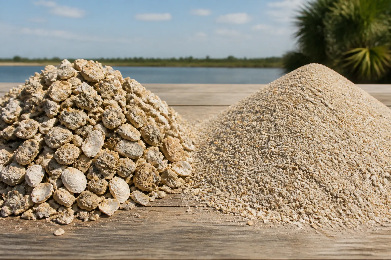 Coarse and Fine Coquina Shell Aggregate Piles Coarse coquina shell chunks and fine shell aggregate in two piles on a wooden surface beside water and palms.