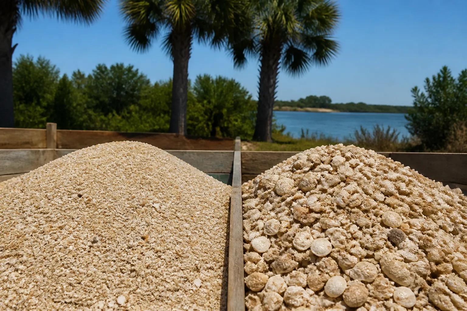 Screened and Unscreened Coquina Shell Side by Side Fine screened coquina shell on the left and coarse unscreened material on the right in wooden bays, with palms and water behind.