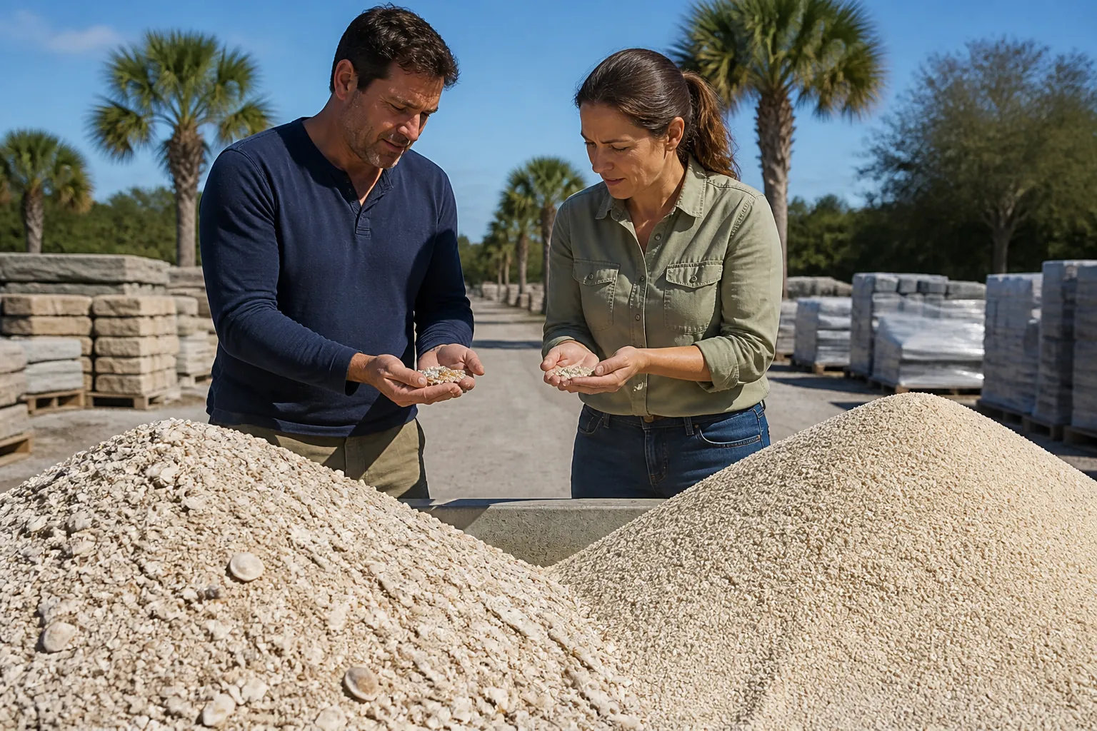 Comparing Coarse and Fine Coquina Shell Samples A man and woman hold shell samples beside coarse and fine coquina shell piles in a landscaping yard lined with palm trees.