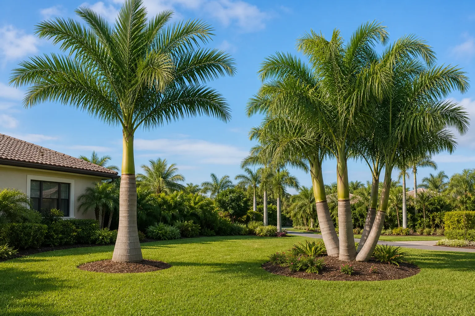 Single-Trunk and Multi-Trunk Palms in a Florida Yard (featured) Single-trunk and multi-trunk palms growing in a landscaped Florida yard beside a stucco house.