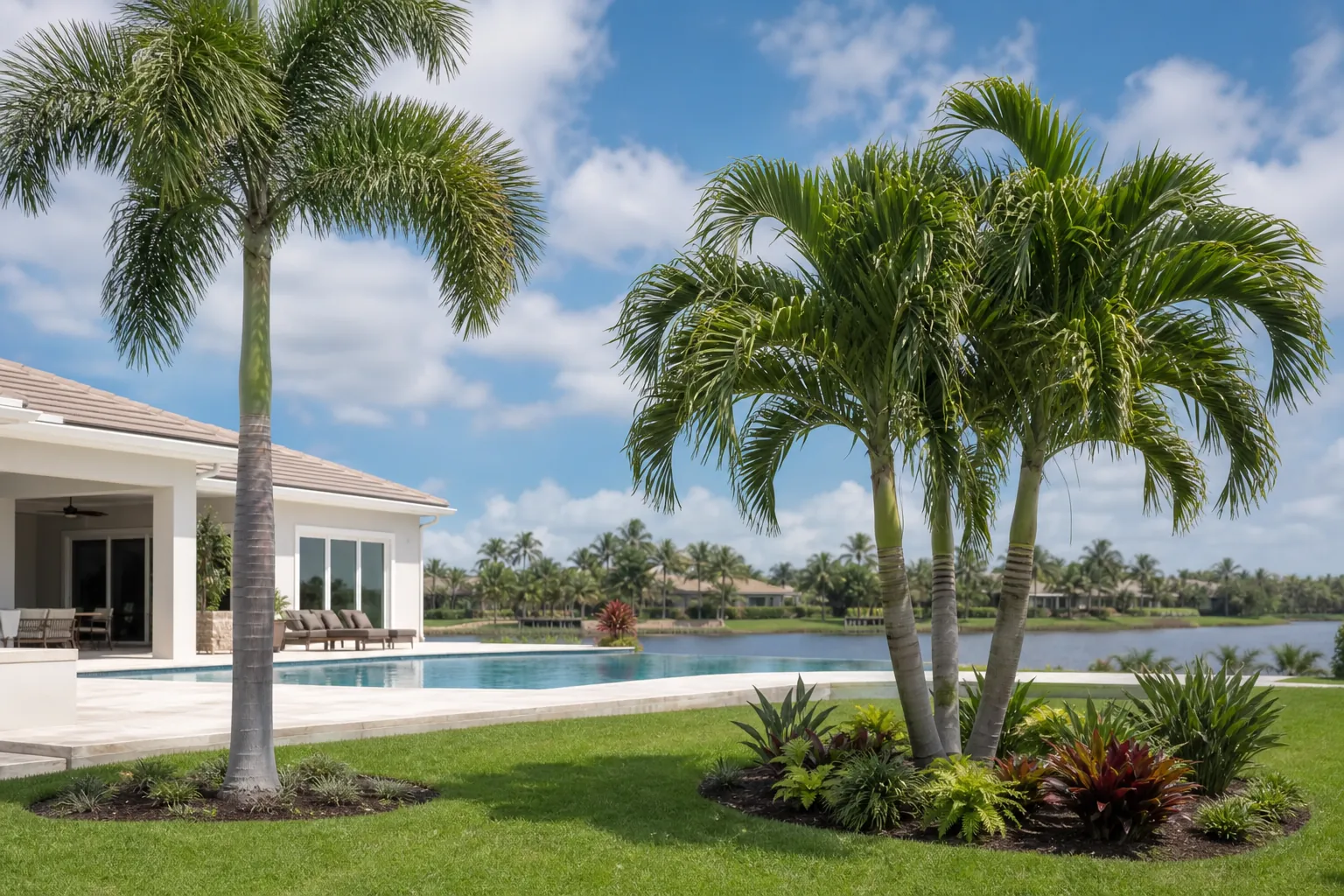 Single-Trunk and Multi-Trunk Palms in a Florida Yard (next step) Single-trunk and multi-trunk palms frame a Florida backyard with a pool, lawn, landscaping, and lake.