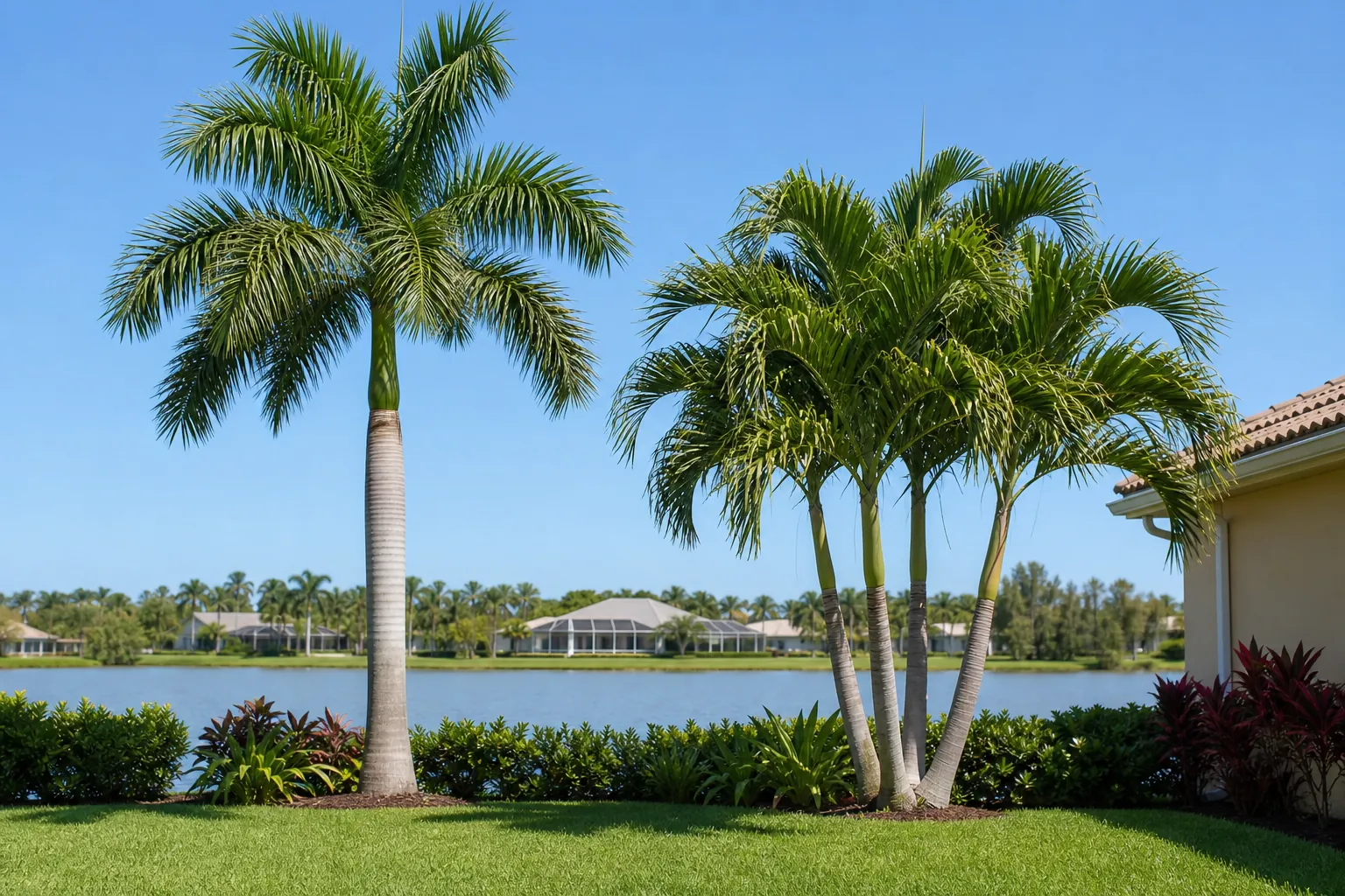 Single-Trunk and Multi-Trunk Palms in a Florida Yard (detail) Single-trunk and multi-trunk palms stand side by side in a landscaped Florida yard beside a lake.