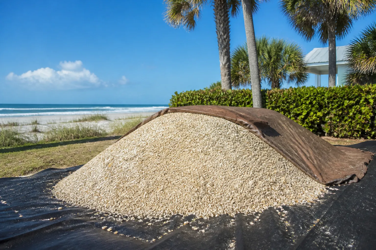 Coquina Shell Pile Stored Under a Tarp Near the Beach A pile of crushed coquina shell rests on black ground covering, partly covered by a brown tarp beside a palm-lined beach.