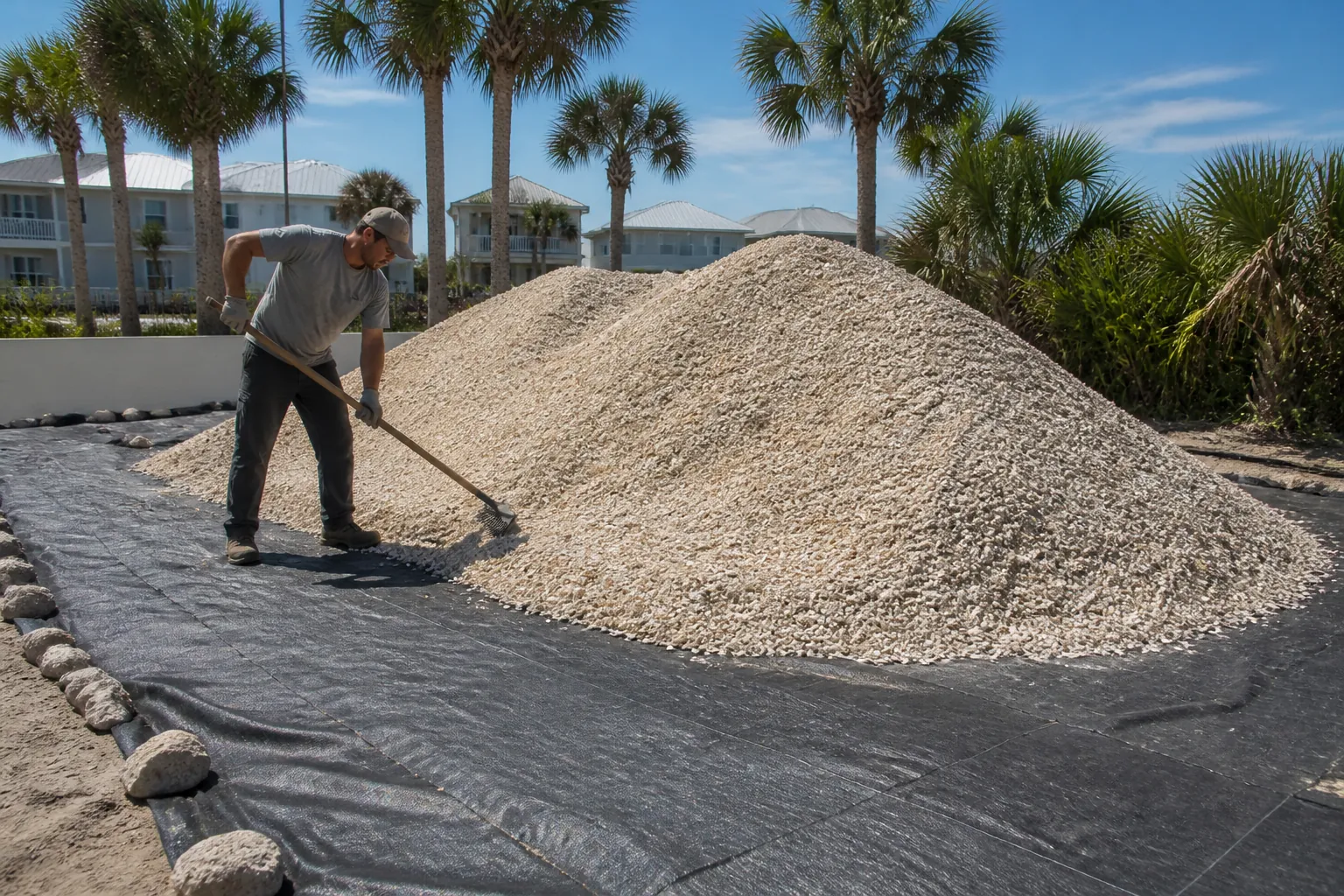 Coquina Shell Stockpiles on Prepared Ground Fabric A worker rakes beside coquina shell stockpiles on black ground fabric weighted with rocks, with palms and homes behind.
