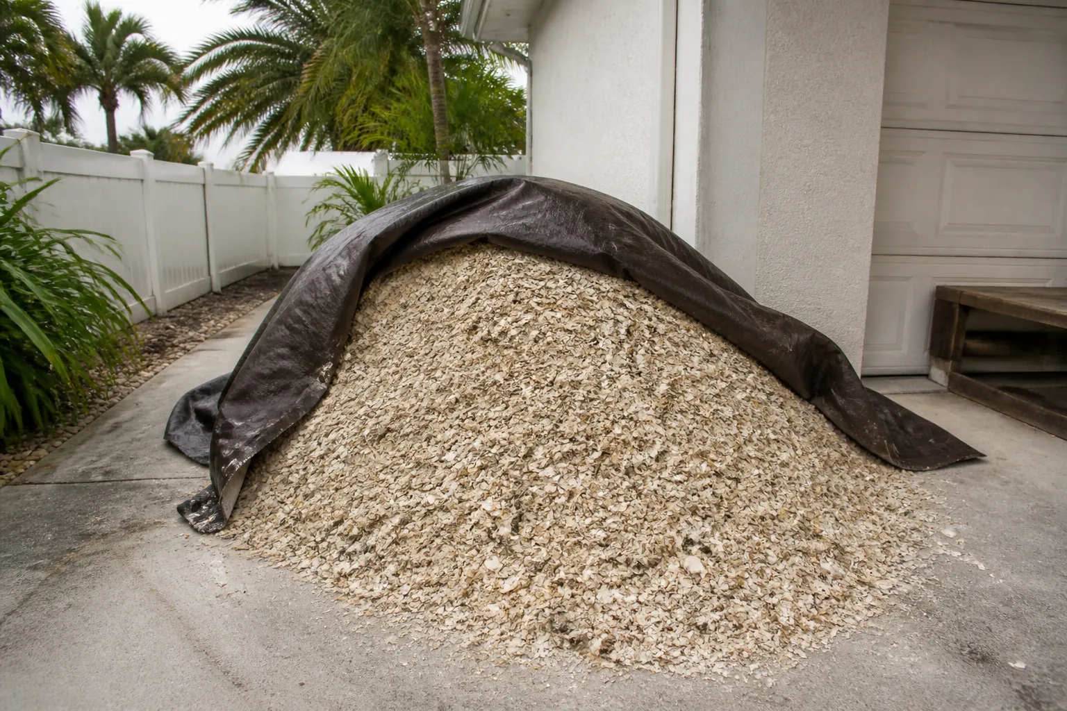 Coquina Shell Pile Stored Under a Tarp Beside a Garage A pile of crushed coquina shell stored on a concrete driveway beside a garage, partially covered with a black tarp.