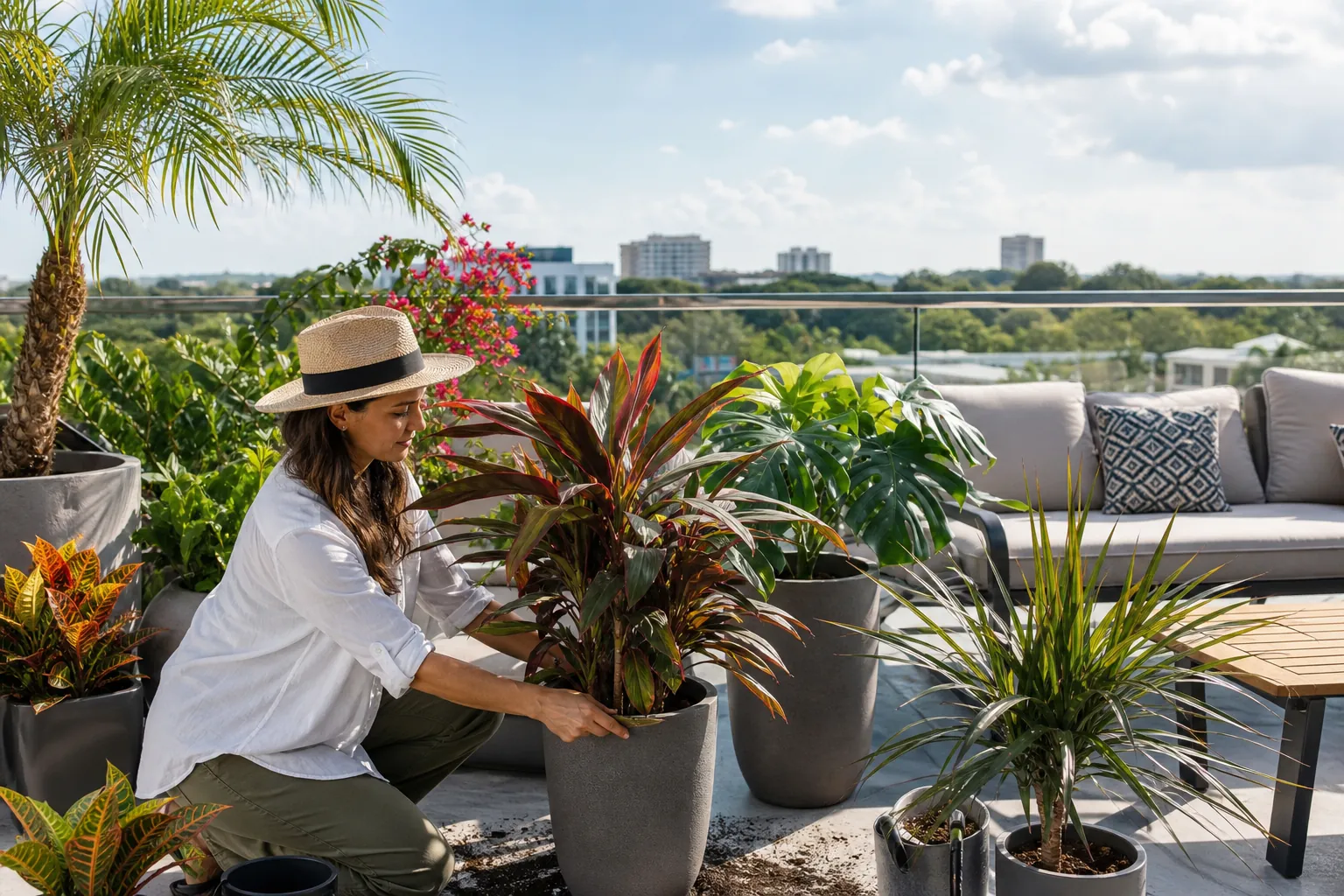 Container Tropical Plants on a Rooftop Terrace Woman arranging colorful tropical plants in large containers on a sunny rooftop terrace with outdoor seating.