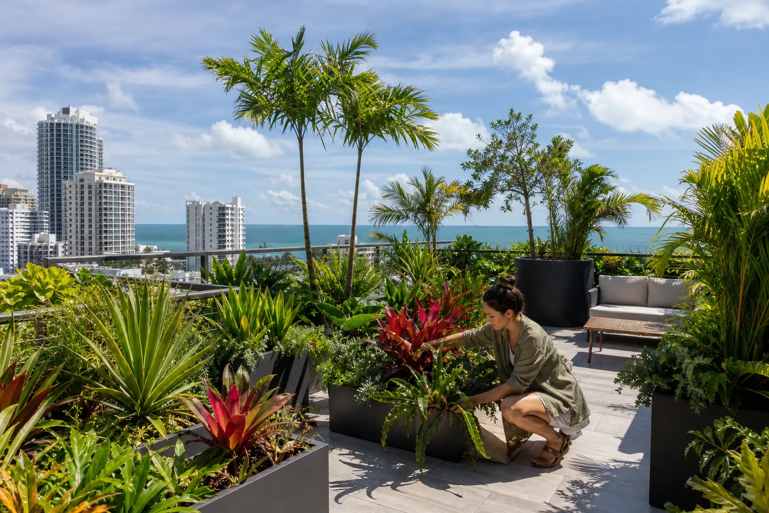 Tropical Plants on a Florida Rooftop Terrace Woman tending lush tropical plants in planters on a Florida rooftop terrace overlooking the ocean and high-rises.