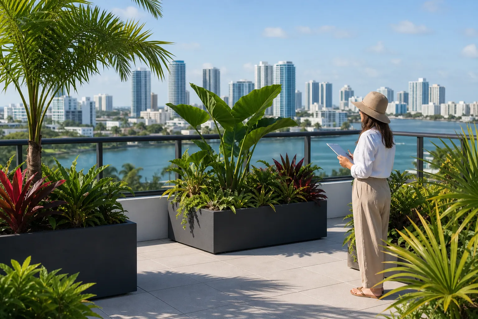 Assessing Tropical Plants on a Florida Rooftop Terrace Woman holding a tablet among tropical planters on a sunny rooftop terrace overlooking water and a city skyline.