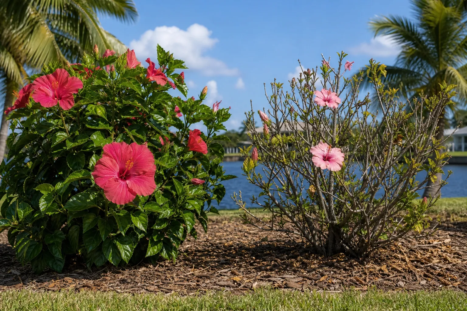 Lush and sparse pink hibiscus shrubs in Florida Two pink hibiscus shrubs, one lush and one sparse, grow beside a Florida pond under palm trees.