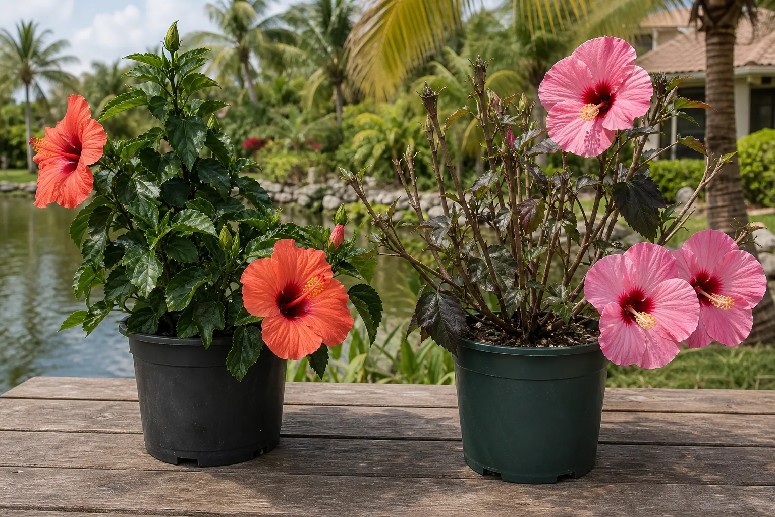 Potted orange and pink hibiscus plants in a Florida garden Two potted hibiscus plants with orange and pink flowers sit on a wooden table beside a tropical pond.
