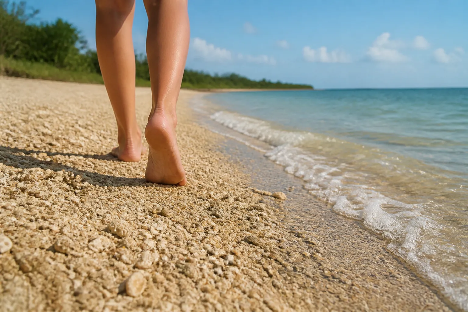 Barefoot Walking on a Shell-Covered Beach Close-up of a person's bare feet and lower legs walking on a coarse shell-covered beach beside gentle turquoise waves.