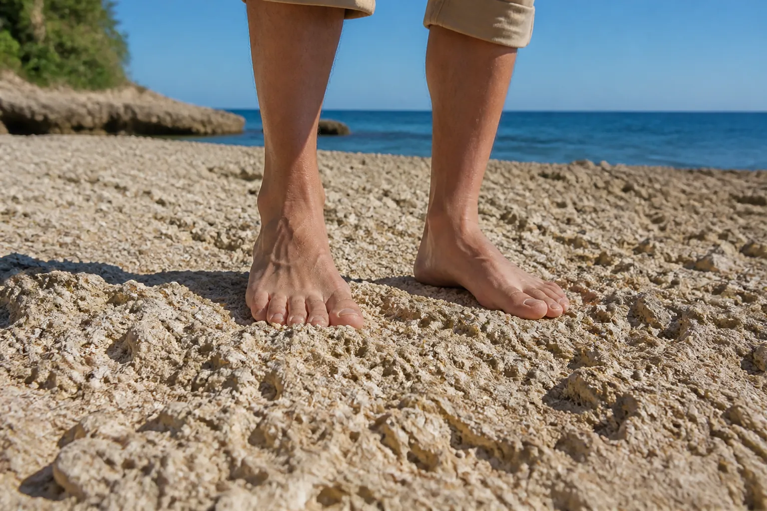 Bare Feet on Rough Coquina Beside the Ocean A person's bare feet stand on rough, shell-filled coquina beside blue ocean water, with beige trouser cuffs visible.