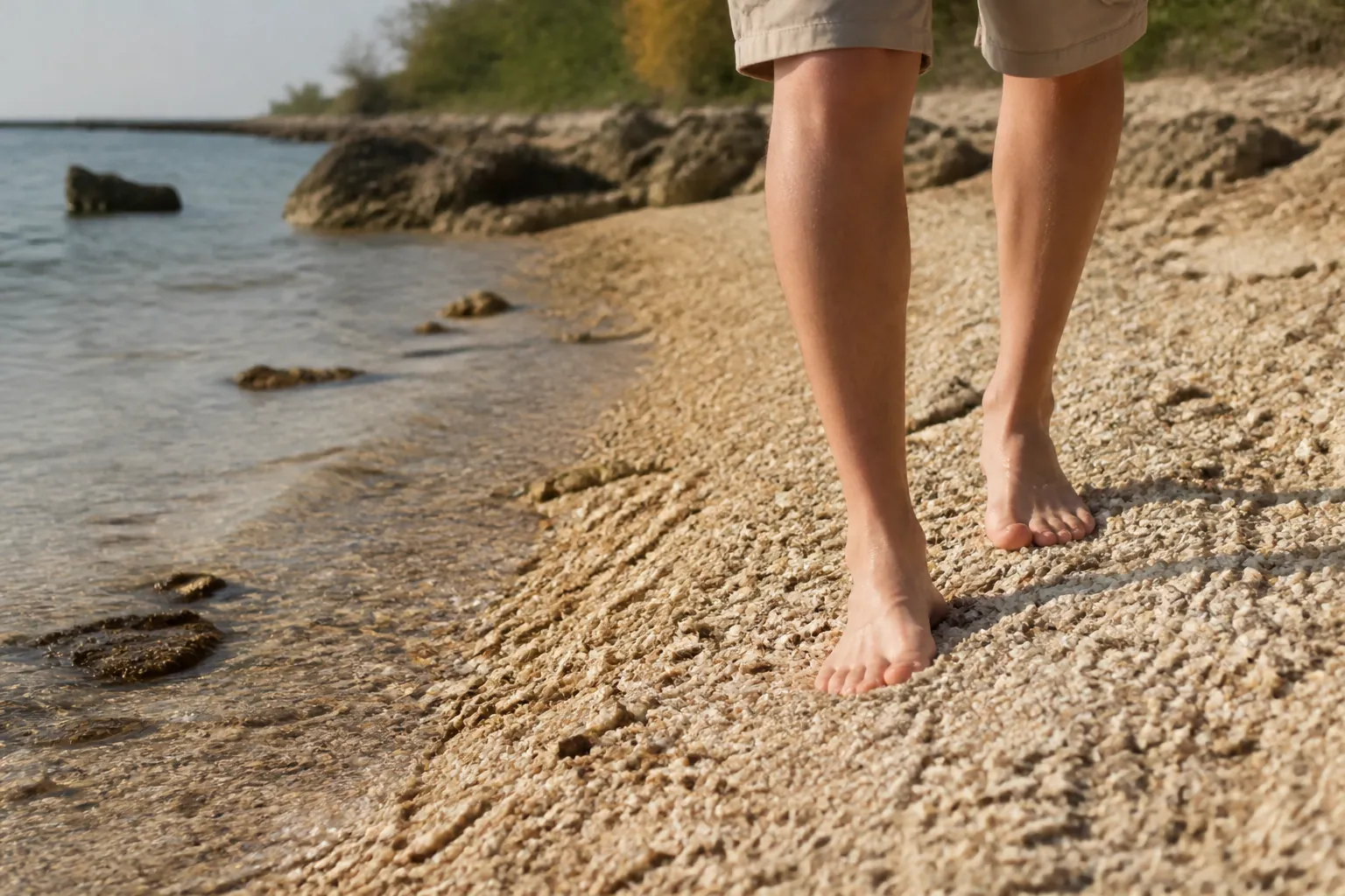 Bare Feet on a Rough Coquina Shell Shoreline Bare feet and lower legs of a person in beige shorts walking on a rough, shell-covered shoreline beside calm water.