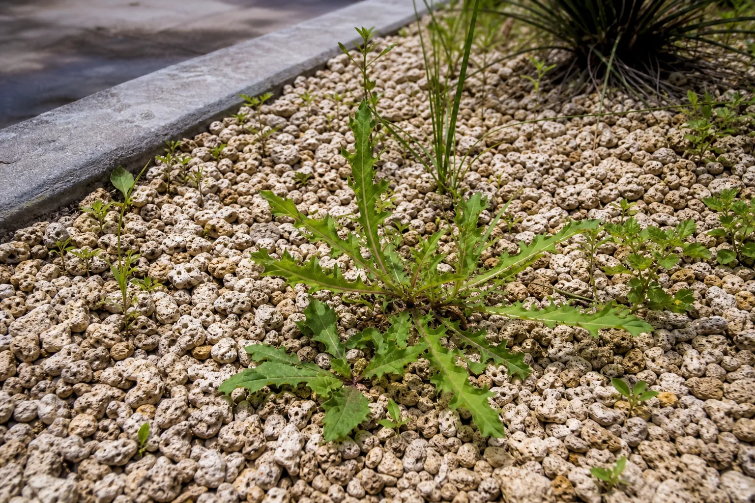 Weeds Growing Through Coquina Shell Ground Cover (detail) Broadleaf weeds and grass shoots grow through pale, porous coquina shell ground cover beside a concrete curb.