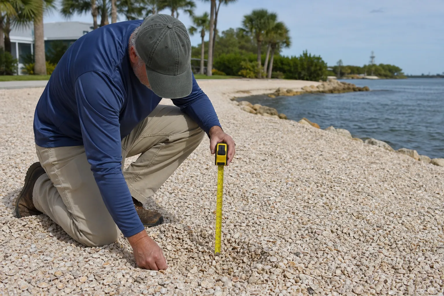 Checking Shell Layer Depth With a Tape Measure A kneeling man holds a yellow tape measure vertically in a shell-covered waterfront area to check the shell layer depth.
