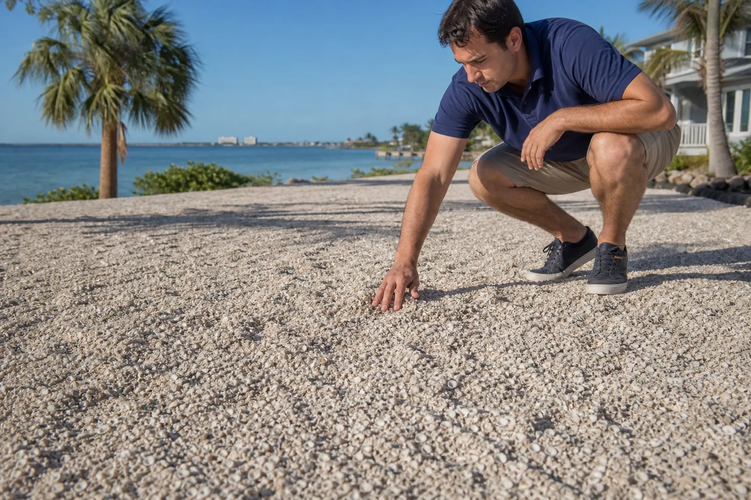 Man Inspecting a Waterfront Coquina Shell Driveway A man crouches and touches a coquina shell driveway beside waterfront homes and palm trees on a sunny day.