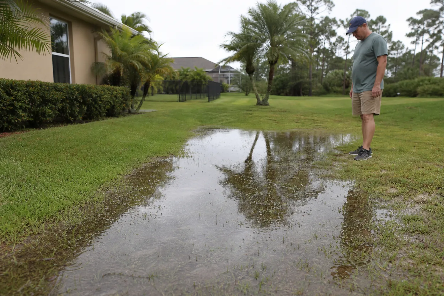 Standing Water in a Low Spot of a Florida Yard (next step) A man looks down at a large pool of standing water in a low grassy area beside a palm-lined Florida home.