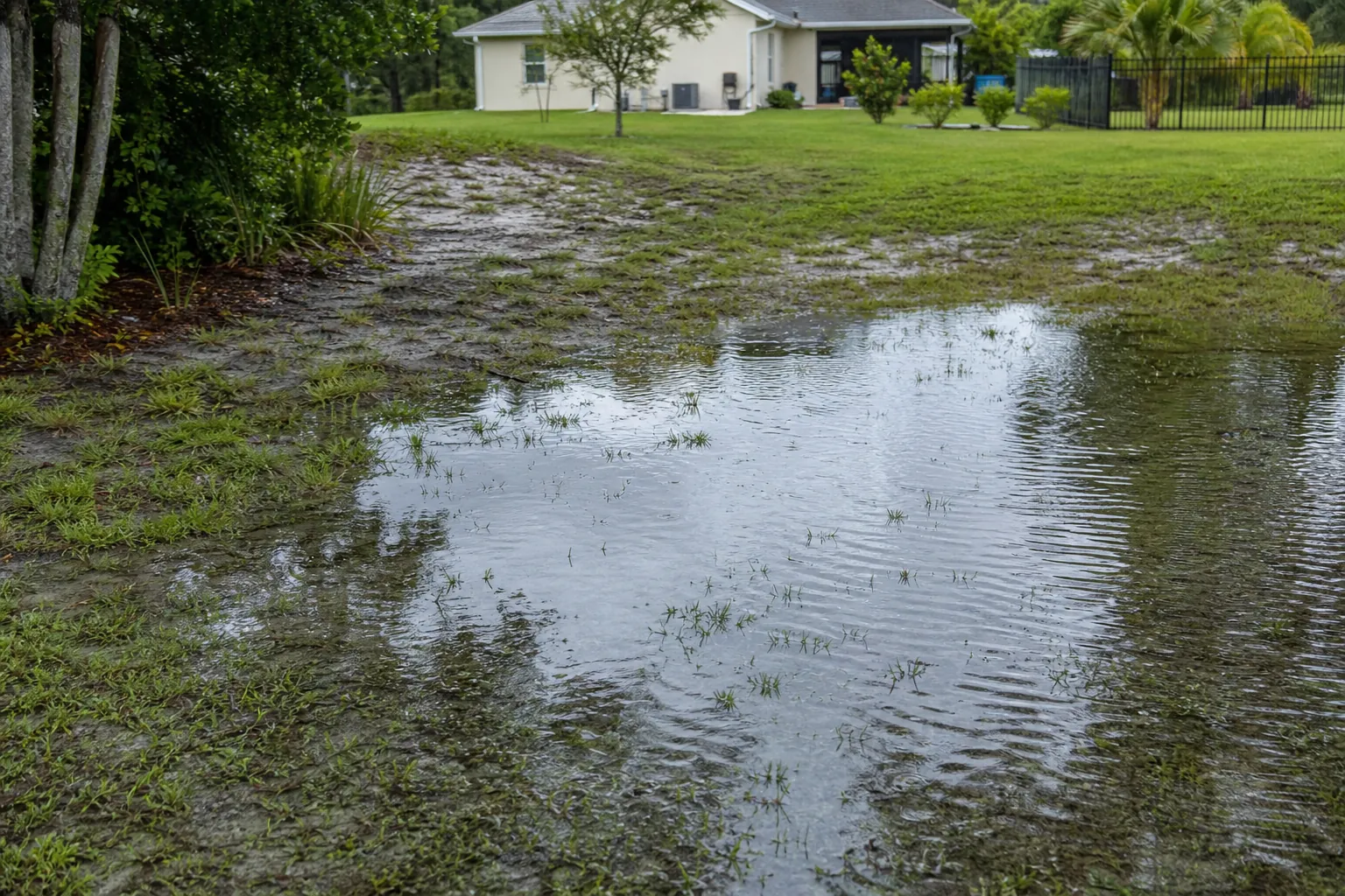 Standing Water Pooling in a Sandy Florida Yard (detail) Standing water pools across a patchy, saturated lawn near a suburban Florida home after rainfall.