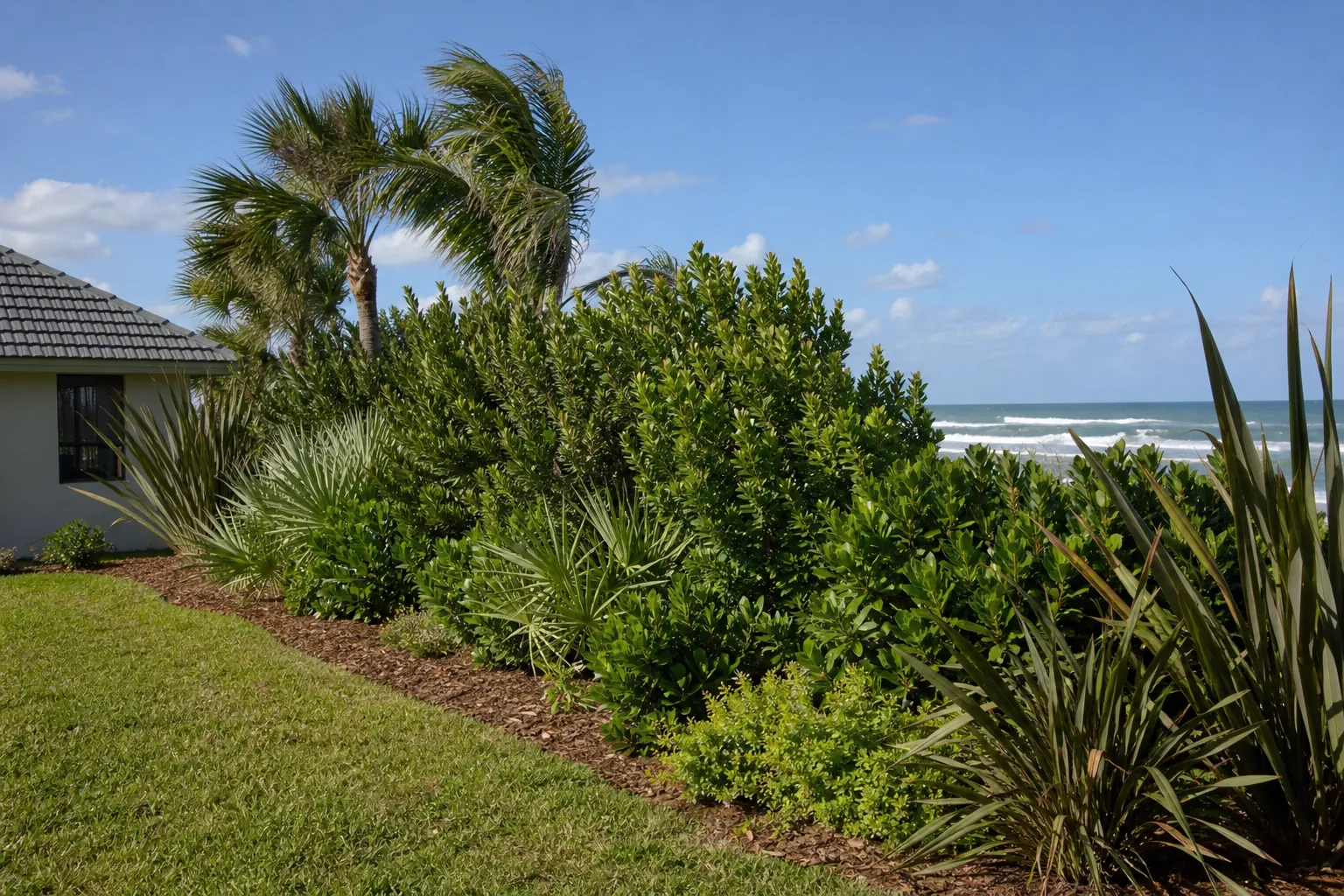 Coastal Windbreak Plants Beside an Oceanfront Yard Dense coastal shrubs and palms form a windbreak beside a lawn and house overlooking the ocean.