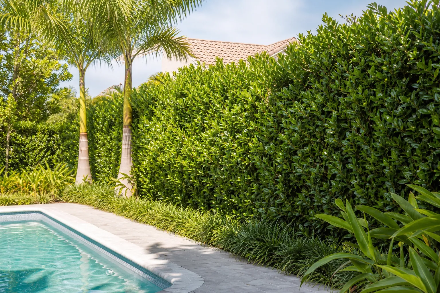 Evergreen Privacy Hedge Beside a Florida Pool Dense evergreen privacy hedges and palm trees border a sunny backyard swimming pool at a Florida home.