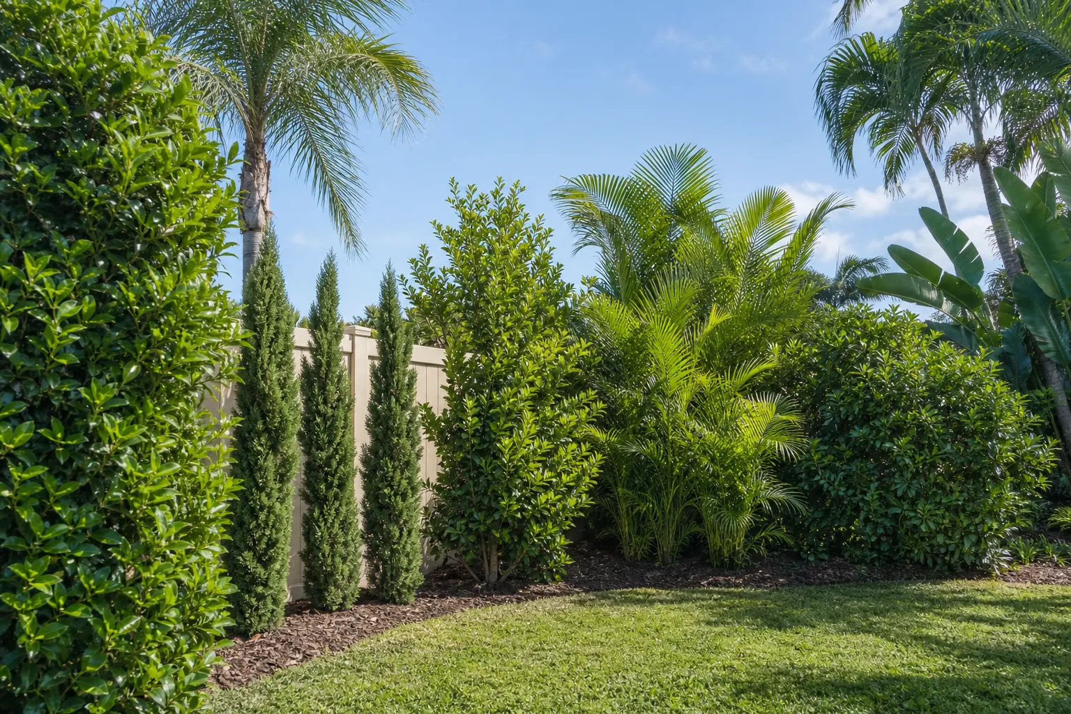 Evergreen Privacy Planting Along a Florida Lawn Dense evergreen shrubs, narrow conifers, and palms form a privacy screen along a fenced Florida lawn.