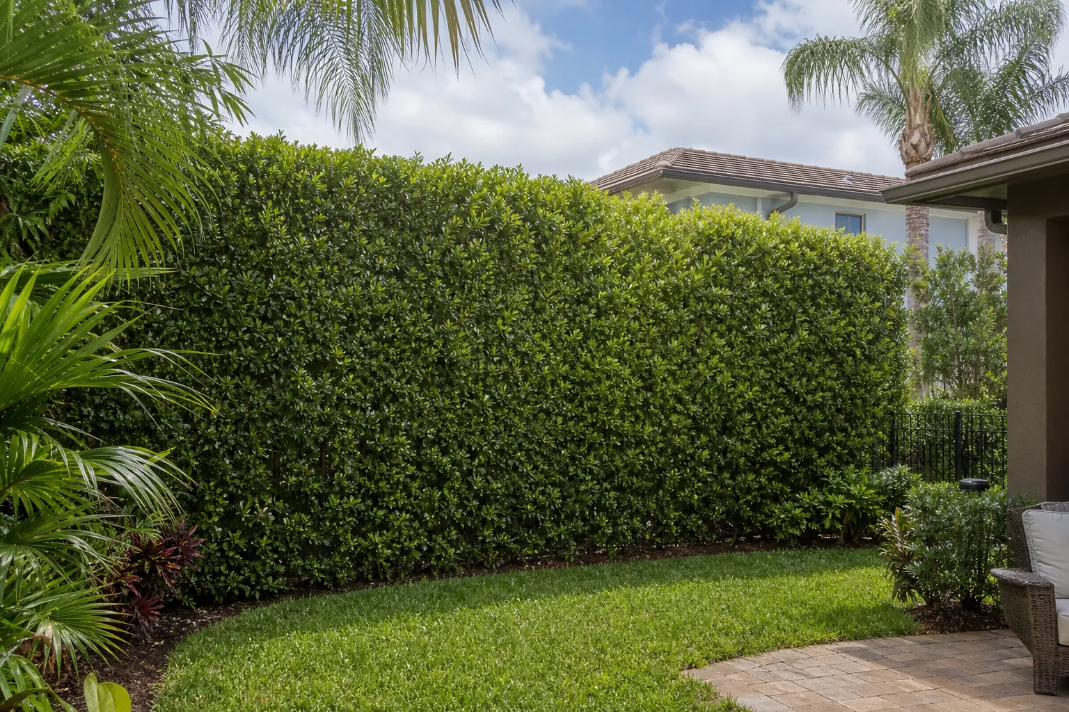 Evergreen Privacy Hedge in a Florida Backyard Dense evergreen privacy hedge bordering a Florida lawn and patio, with palms and a neighboring house beyond.