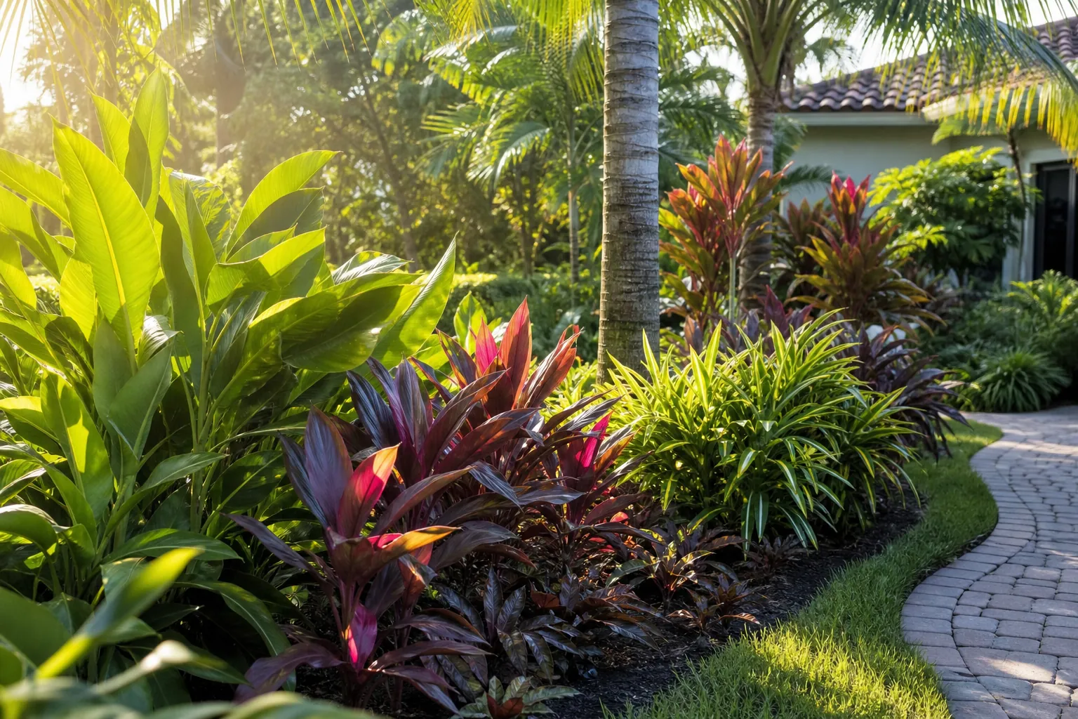 Morning Sun on a Tropical Florida Garden Path Sunlit tropical foliage and colorful cordylines border a curved paver path in a lush Florida garden.